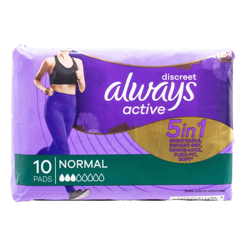 Always Pk10 Pads Discreet 5 In 1 Breathable Instant Dry Odour Lock Flexi Fit Soft Active Normal