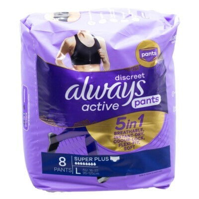Always Pk8 Pants Discreet 5 In 1 Breathable Instant Dry Odour Lock Flexi Fit Soft Active Super Plus L 16-22 95-125Cm