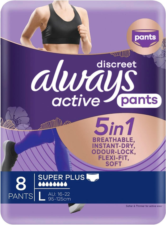 Always Pants Discreet 5-in-1 Breathable Instant Dry Odour Lock Flexi Fit Soft Active Super Plus Medium 10-16 70-100cm - 9 Pack