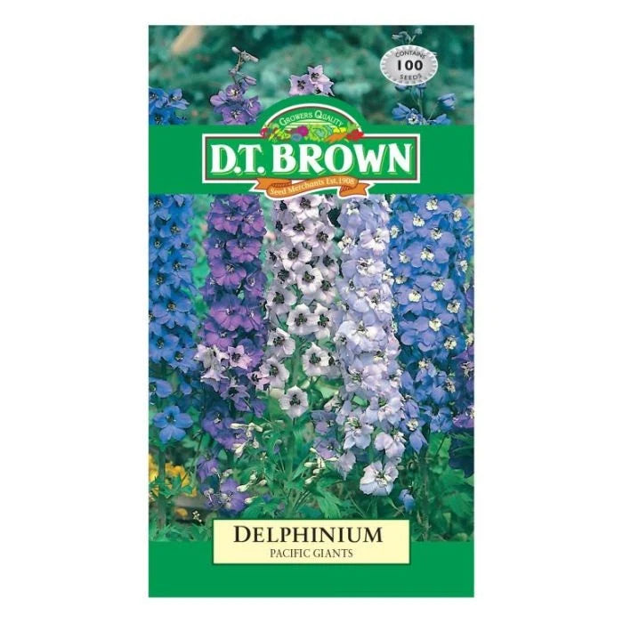 DT Brown Delphinium Pacific Giants flower seed packet