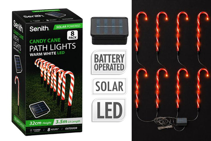 8 Piece Solar LED Mini Candy Cane Path Lights - 32cm