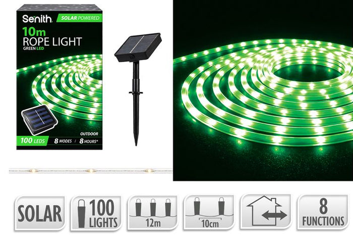 100 LED Solar Rope Light, 8 Functions - Green - 10m