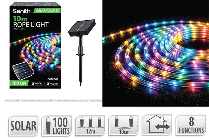 100 LED Solar Rope Light, 8 Functions - Multicolour - 10m