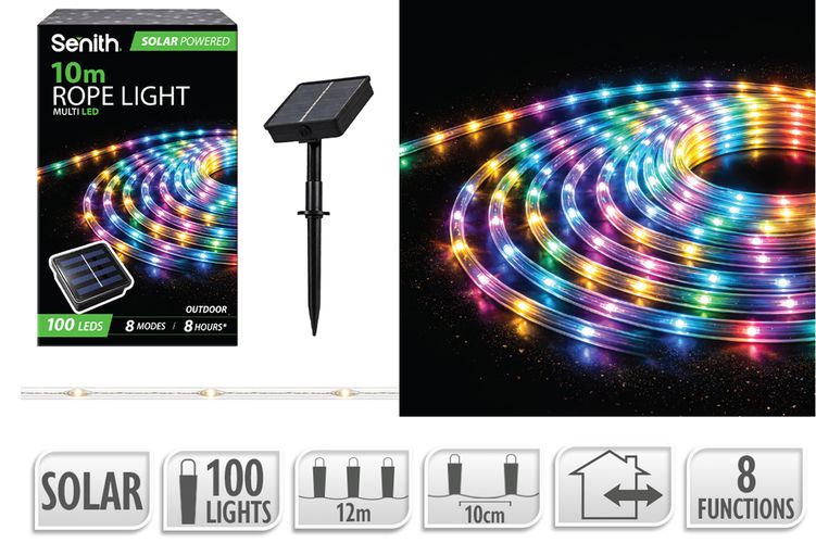 100 LED Solar Rope Light, 8 Functions - Multicolour - 10m