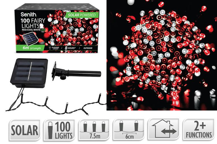 100LED Solar FairyLight 7.5m 2F Red/CWht