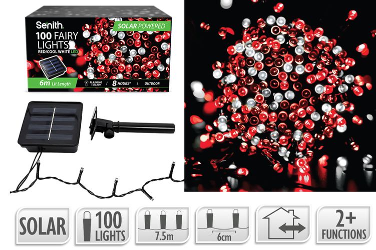 100LED Solar FairyLight 7.5m 2F Red/CWht
