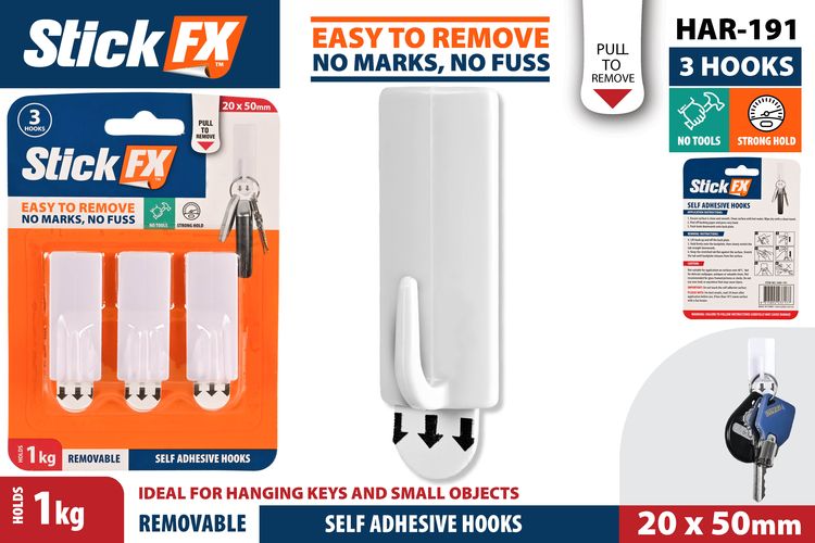 3 Piece Self Adhesive Hooks Rem - 1 kg, 5 cm Height