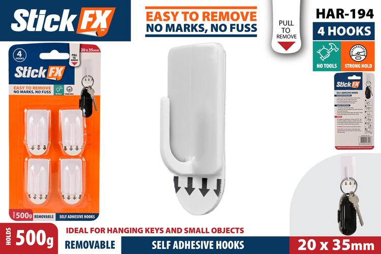 4 Piece Self Adhesive Hooks Rem - 3.5 cm Height, 500 g