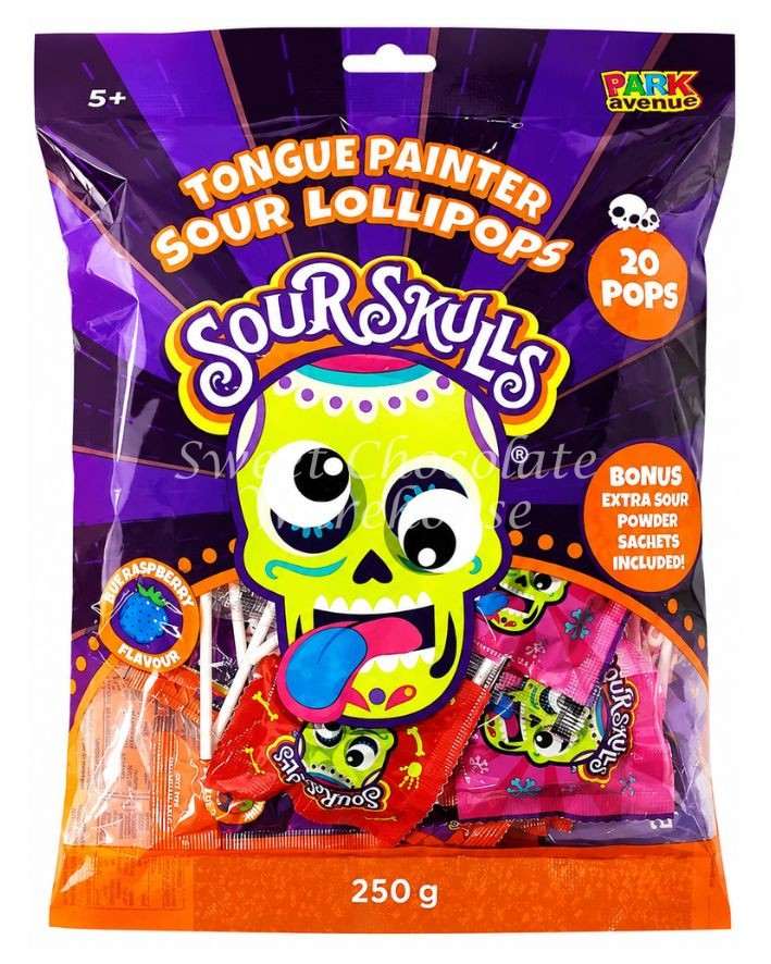 Sour Skulls blue raspberry Tongue Painter Lollipops 20 pack 250g