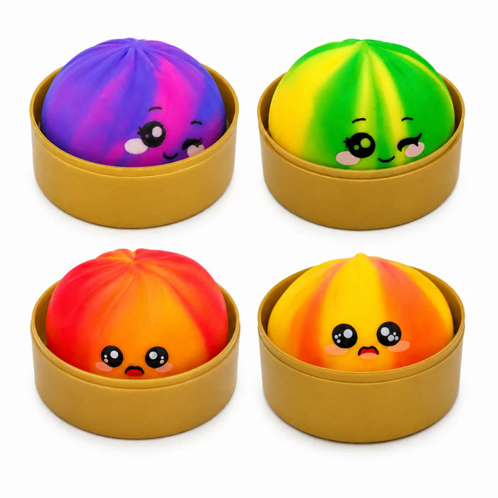 Rainbow bun squishy toy with emoji face in steamer, assorted colour, 9cm