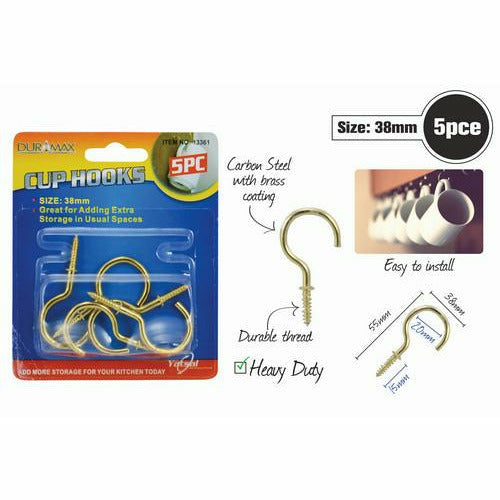 5pce Brass Cup Hooks-38mm