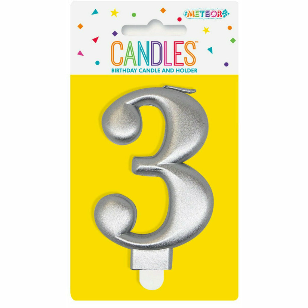 Metallic Silver B'Day Candle- Number 3