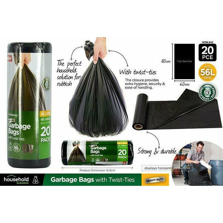 20pce Garbage Bags w/Ties 60x80cm 56L