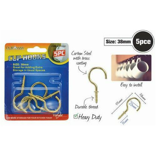 5pce Brass Cup Hooks-38mm