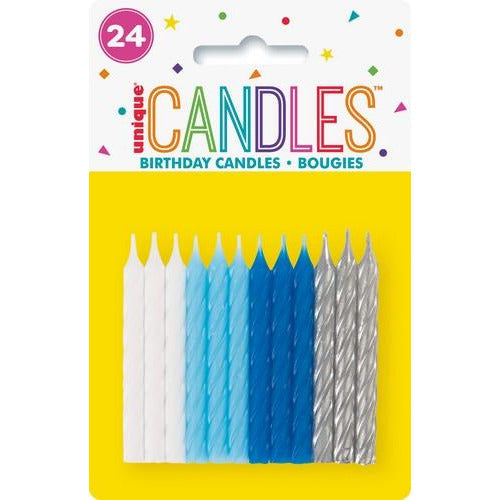 24 Spiral Candles - Bl/Wh/Silv