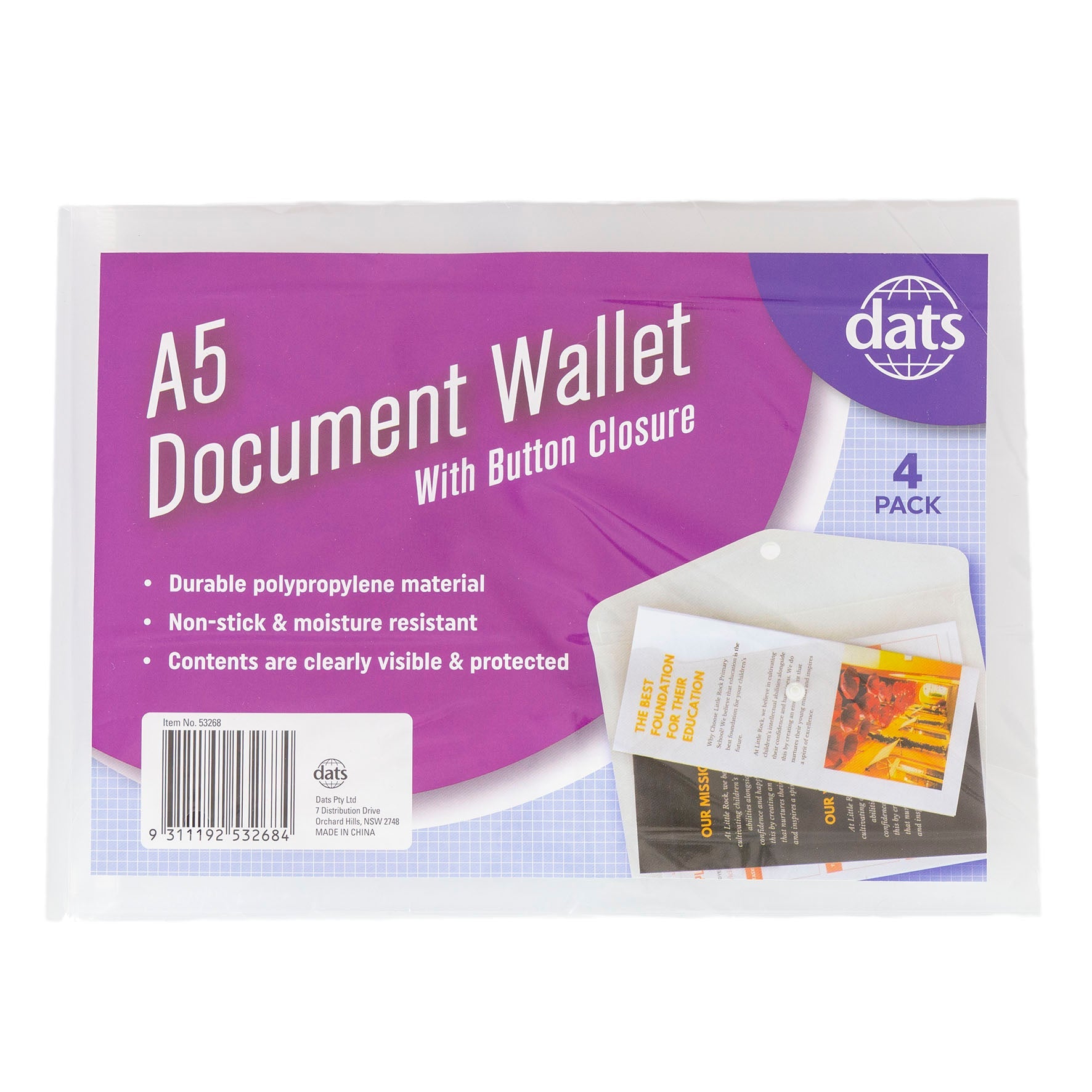 Document Wallet PP with Button Closure A5 4 Pack Clear - Stationery product at Price Busters Variety