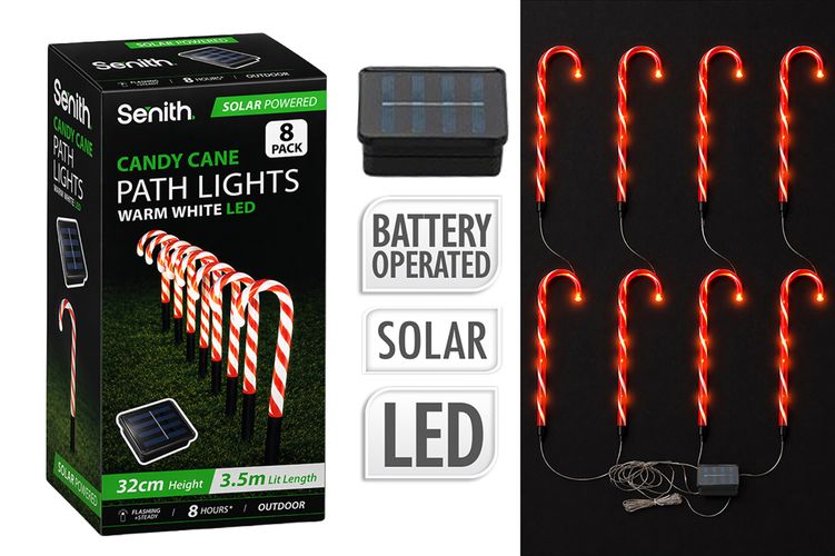 8 Piece Solar LED Mini Candy Cane Path Lights - 32cm