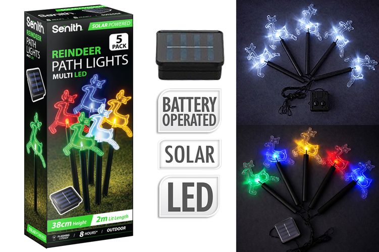 5 Piece Solar LED Reindeer Path Lights, 2 Assorted Designs - 38cm