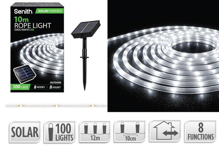 100 LED Solar Rope Light, 8 Functions - Cool White - 10m