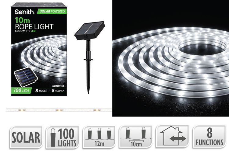 100 LED Solar Rope Light, 8 Functions - Cool White - 10m