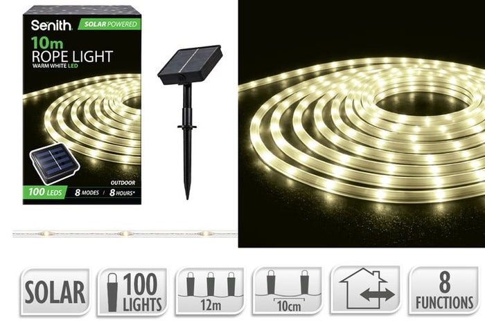 100 LED Solar Rope Light, 8 Functions - Warm White - 10m