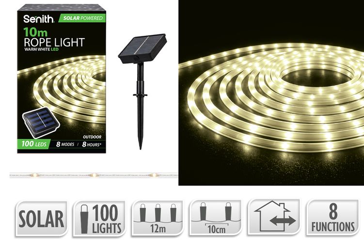 100 LED Solar Rope Light, 8 Functions - Warm White - 10m