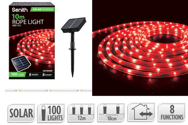 100 LED Solar Rope Light, 8 Functions - Red - 10m