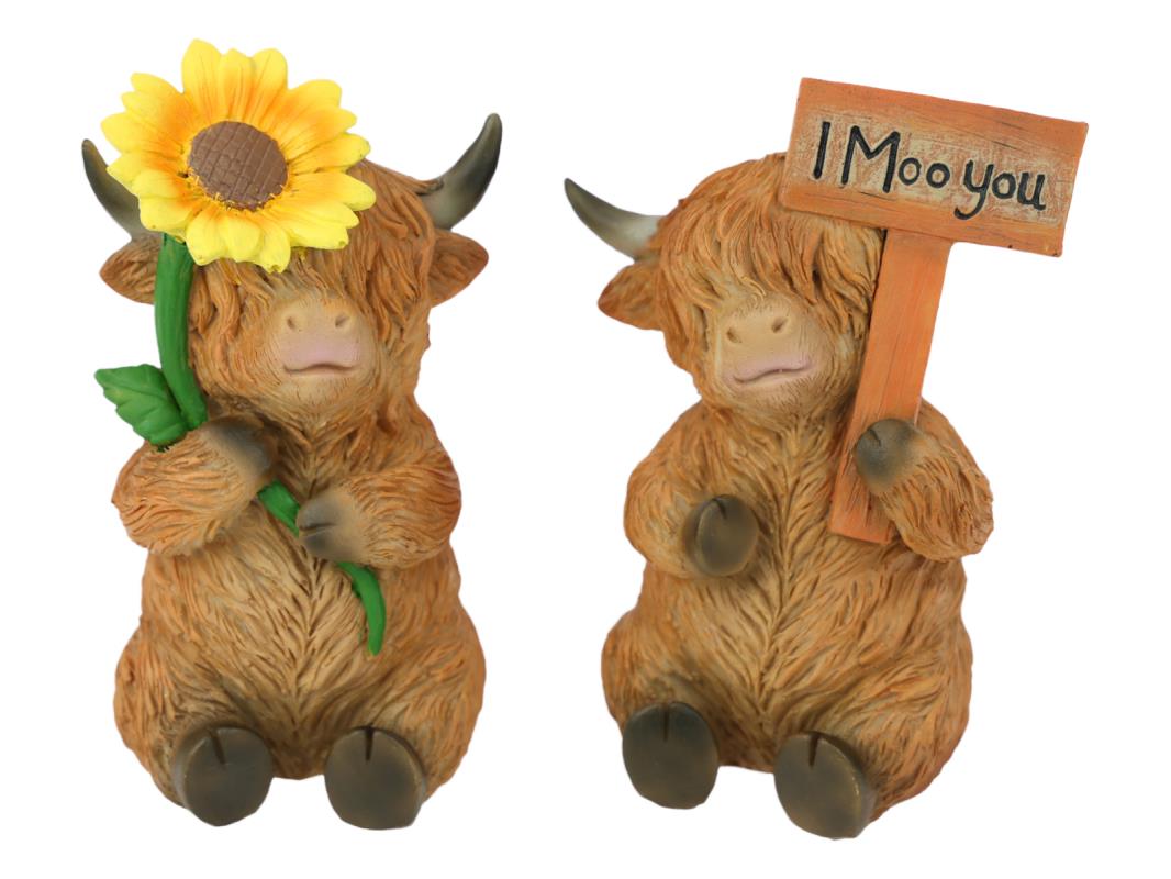 Highland Cow with Sunflowers & Sign – 12cm