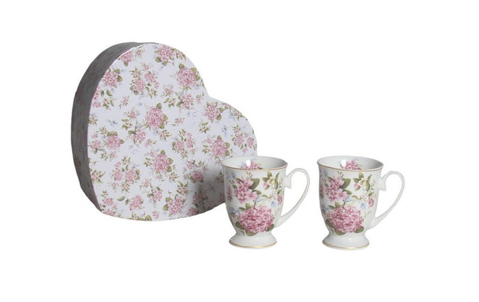 Two Hydrangea 280 mL mugs in a heart-shaped gift box