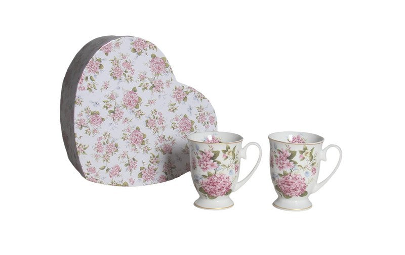 Two Hydrangea 280 mL mugs in a heart-shaped gift box