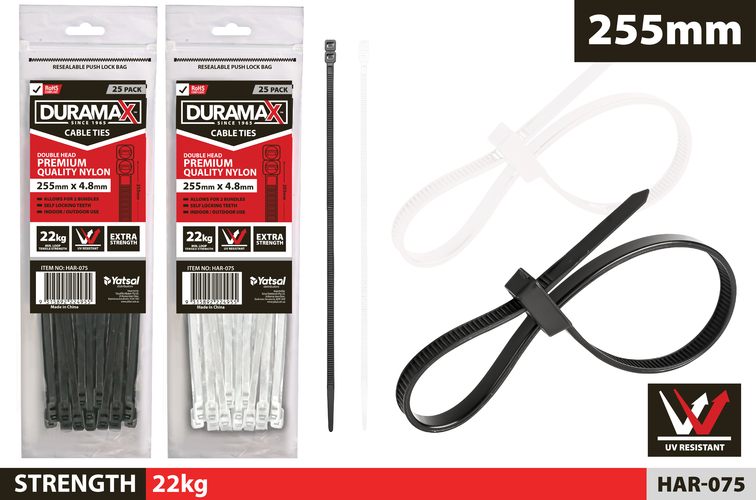 25 Piece Doublehead Cableties Blk/wht - 225 mm