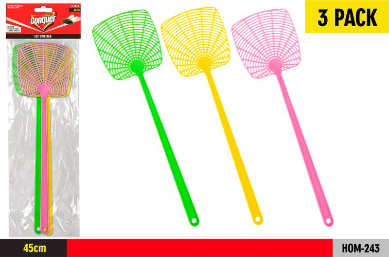 3 Pack Fly Swatters 3 Colours - 45 cm Height