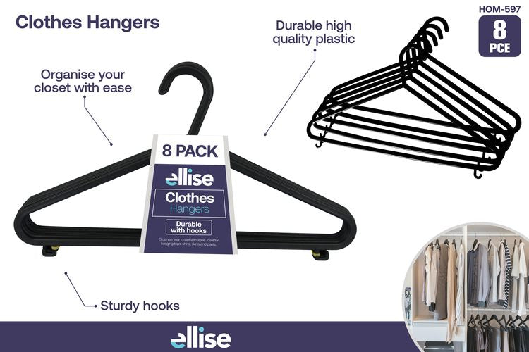 8 Piece Adult Coat Hangers Black - 37 cm Length