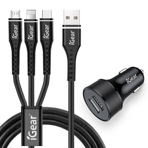 Charger Auto W/Cable 3in1 2USB H/D Black