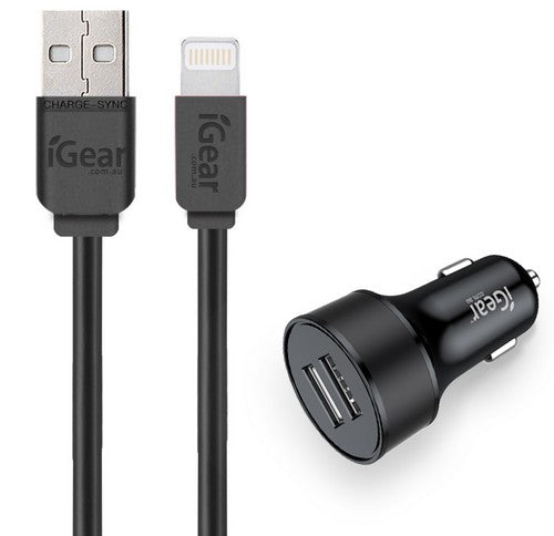 Charger Auto W/Cable 2USB iPhone Black