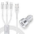 Charger Auto W/Cable 3in1 2USB H/D White