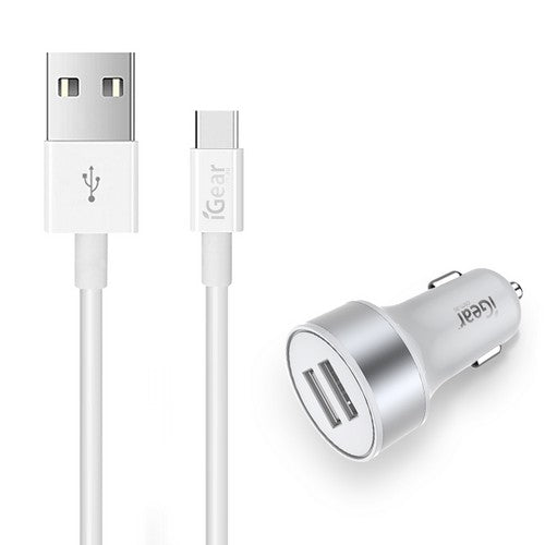 Charger Auto W/Cable 2USB Type-C 2.0 White