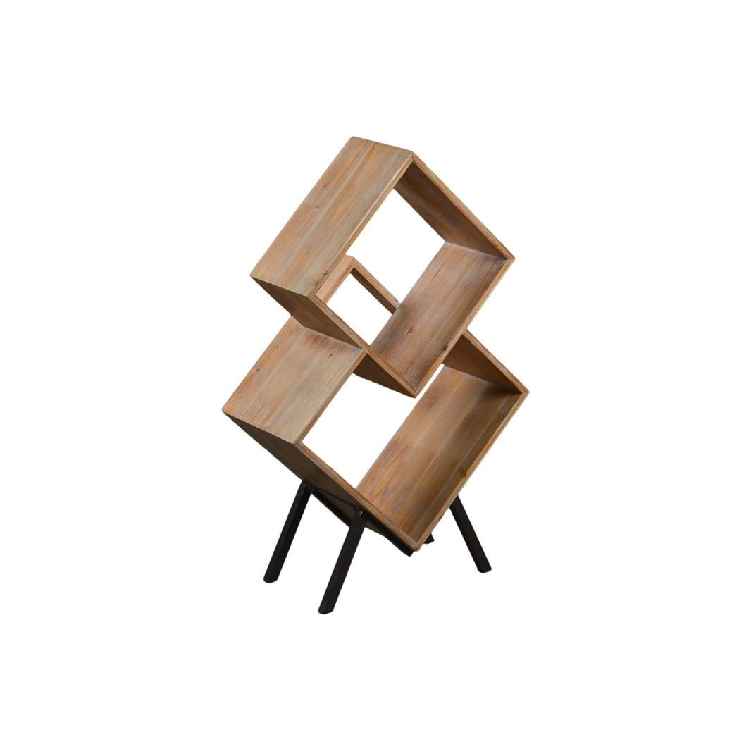 Geometric plywood cube display shelf on a metal stand