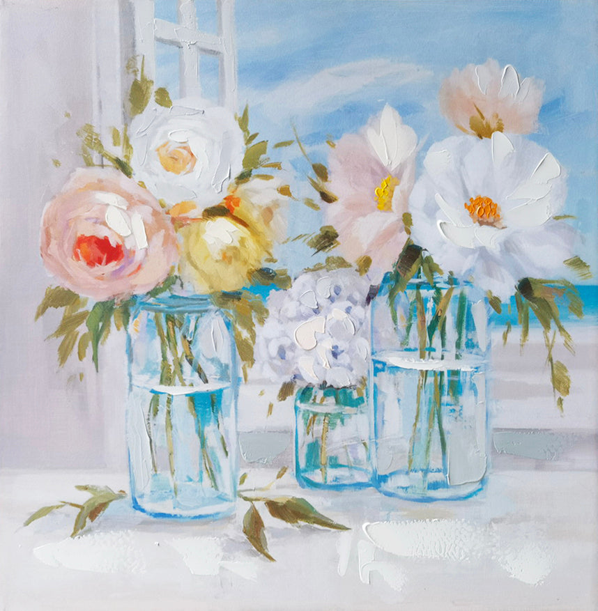 Hand-painted bouquet in a vase wall art, 80 x 80 cm