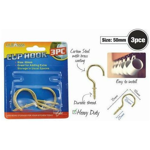 3pce Brass Cup Hooks-50mm