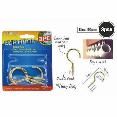 3pce Brass Cup Hooks-50mm