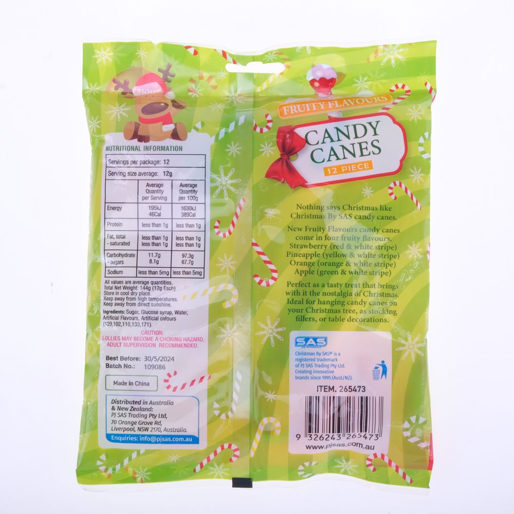 Candy Cane Fruity Flavours 12pk 12g Each Strawberry (Red & White), Pineapple (Yellow & White), Orange (Orange & White) & Apple (Green & White)