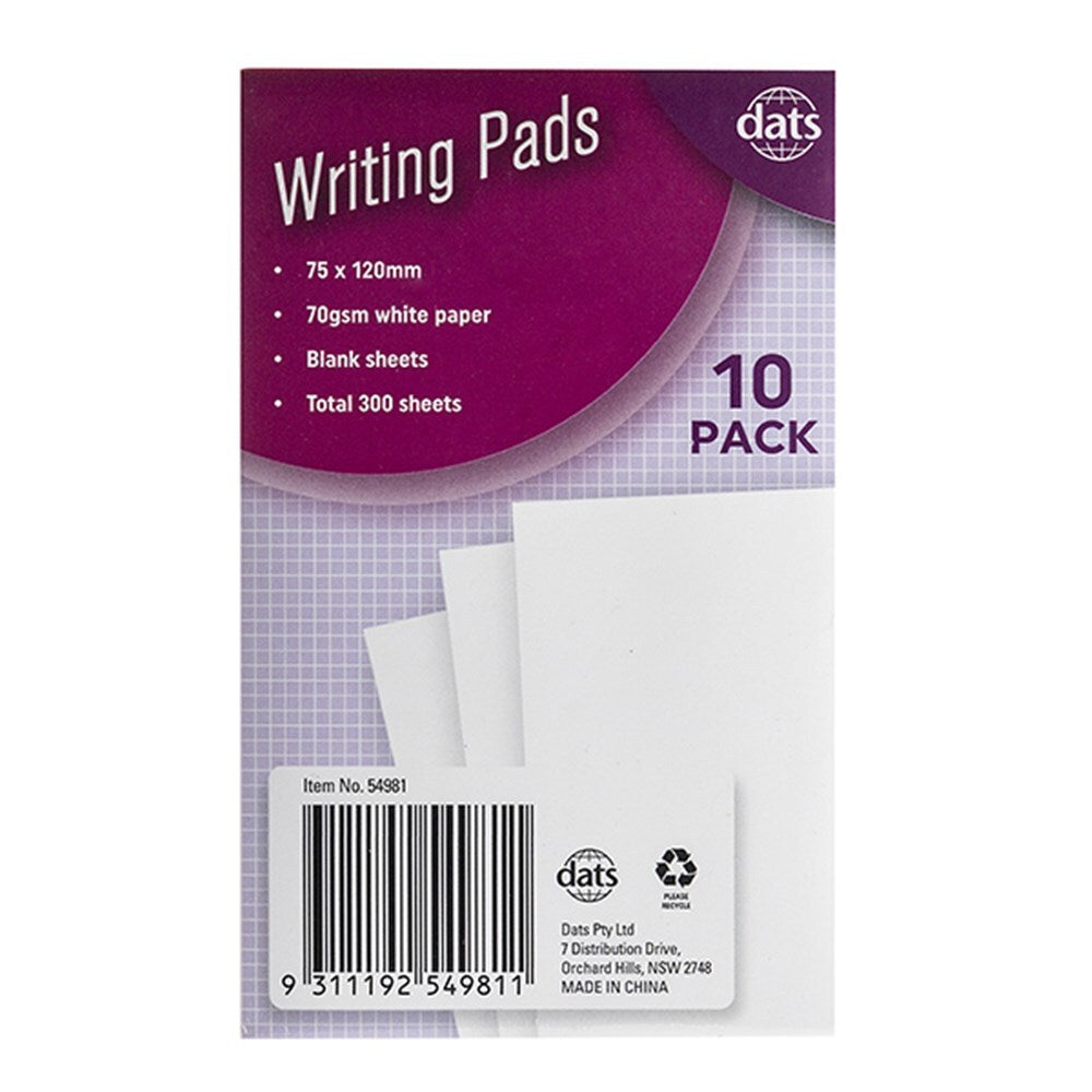 Pad Paper Writing 75x120mm 10 Pack Total 300 Sheets 70gsm Plain 75x120mm - Stationery product at Price Busters Variety
