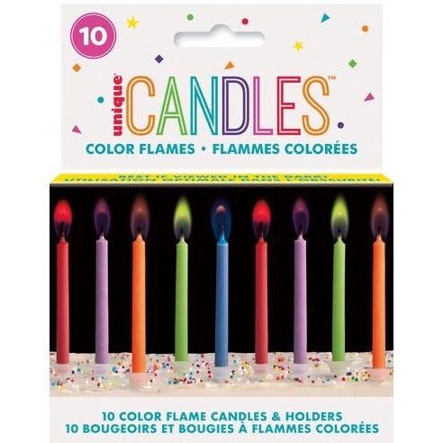 10 Colour Flame Candles W/Hlds