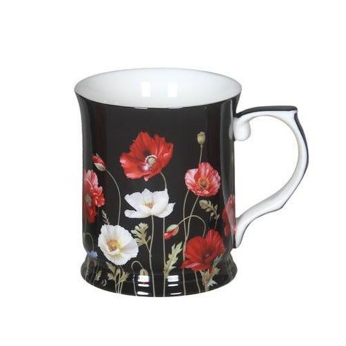 Poppies On Black Fine Bone China Mug - Gift Box 415ml