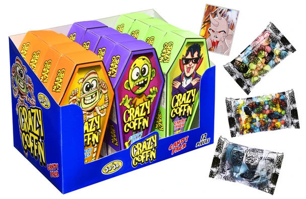 JoJo Crazy Coffin Candy Pack 15g in assorted spooky packaging