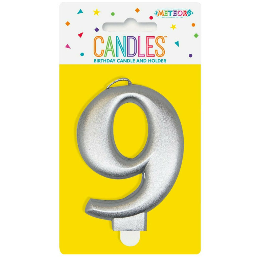 Metallic Silver B'Day Candle- Number 9