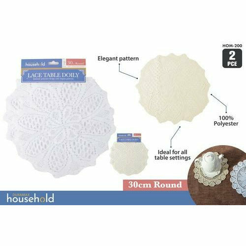 2pce Lace Table Doilies-30cmD-Round-Wht