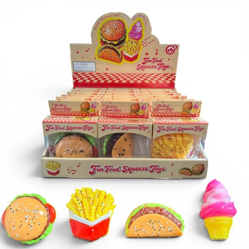 Fast food squishy toy in an assorted burger or fries design, 8.5cm
